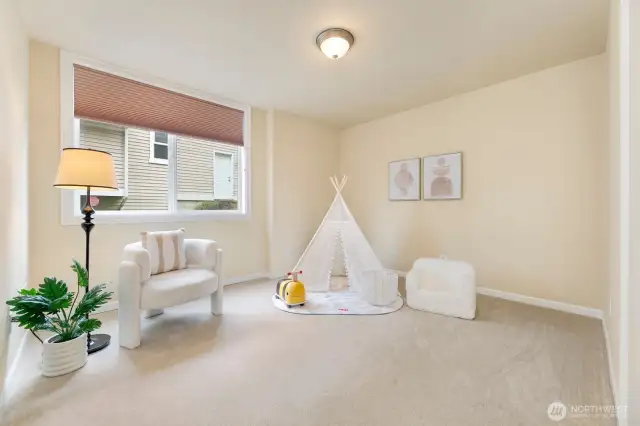 Lower level bedroom with high ceiling and walk in closet