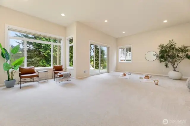 Lower level  with high ceilings and many windows