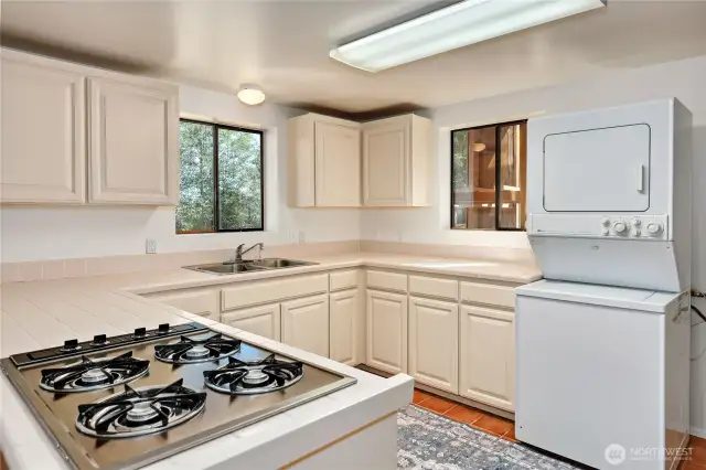 Downstairs full kitchen. Dryer is propane