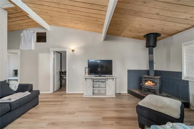Living room with vaulted ceiling.