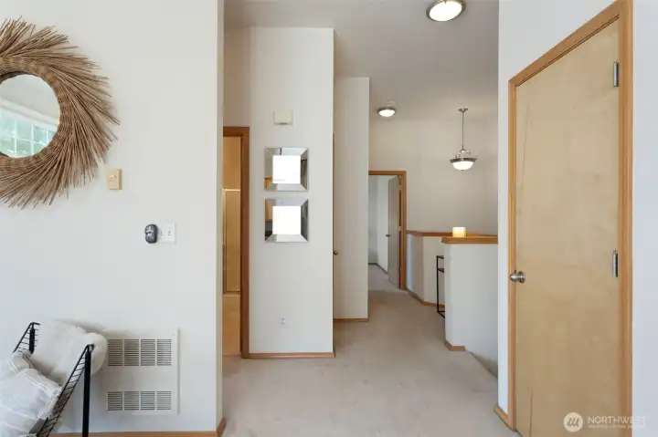 Bathroom to the left and laundry is in the hallway
