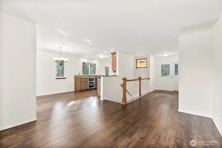 Looking at the front door from the living room