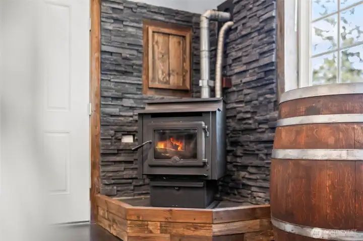 Cozy pellet stove detail adding warmth and character to the home.