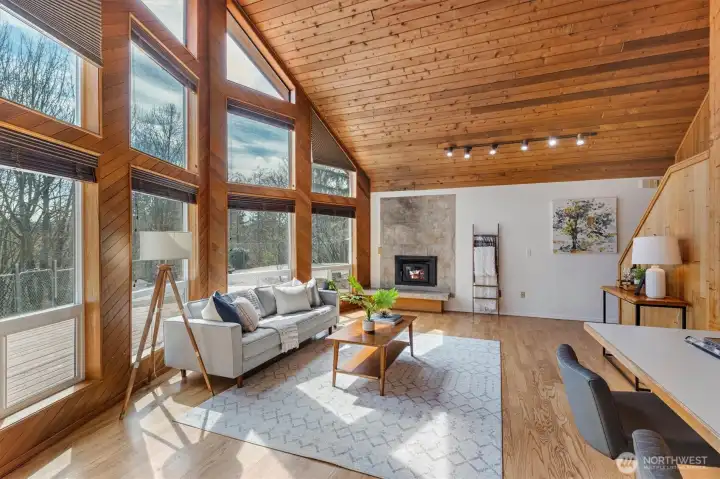 fireplace and kitchen peninsula