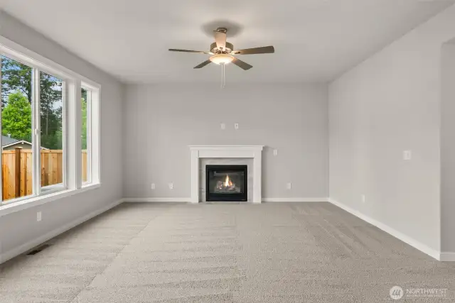Gas fireplace to stay cozy in Winter and ceiling fan for comfort on those warm days