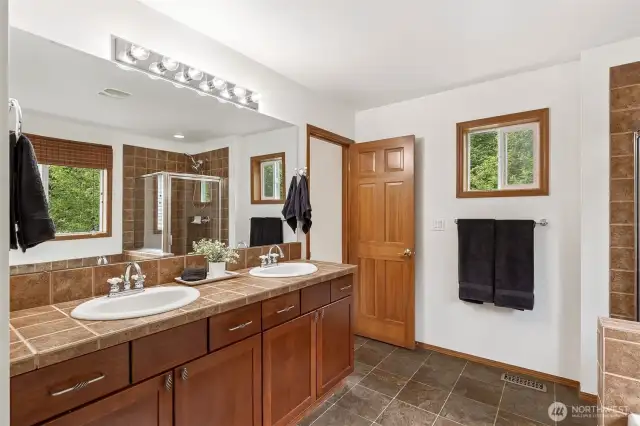 Double vanities provide plenty of counterspace.