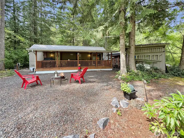 Outdoor gathering space overlooking the property