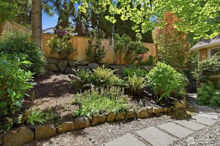 Views of a flowered area from the balcony