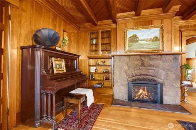You have to look closely in this photograph, but there it is: an inscription in the stone below the mantel reads "Good Cheer." If you have the opportunity to visit in person, this will be one of the delights.