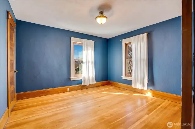 Windows face south and west in this back corner bedroom.
