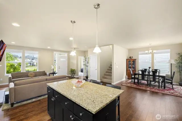 Living room, kitchen, dining room and the den downstairs.