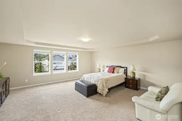 Primary Bedroom with tray ceiling and spacious floor.