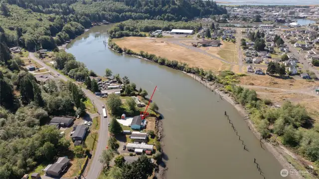 Aerial view of location with long view of river