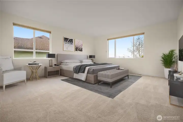 Primary bedroom has views of the Snohomish valley and mountain's Virtual staging.