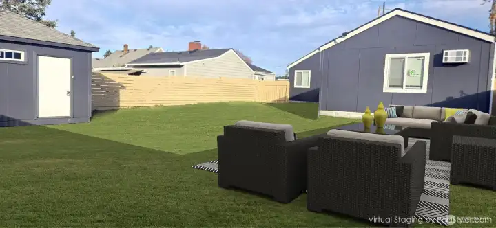 Virtually staged backyard with refreshed grass and added furniture. Spacious backyard with endless possibilities, imagine an oasis garden with a gazebo or hosting BBQs and outdoor gatherings.