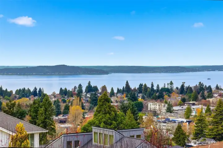 Zooming in view of the water and mountain views from living room.