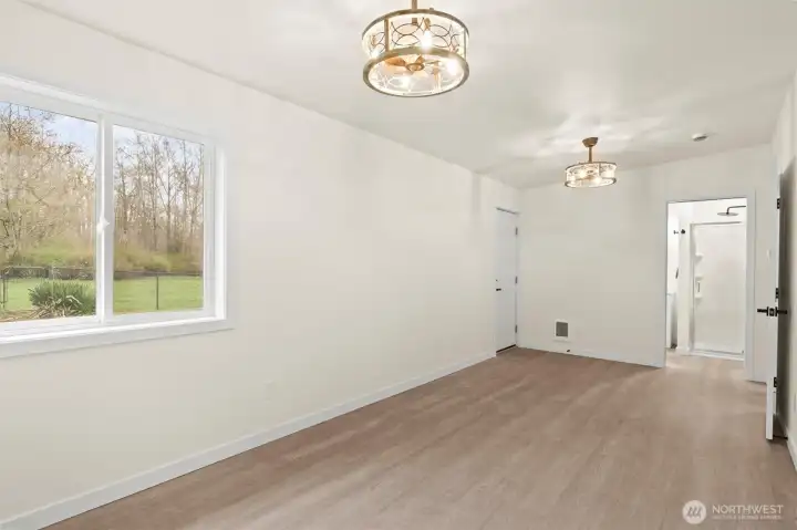 Bedroom looking into bathroom.