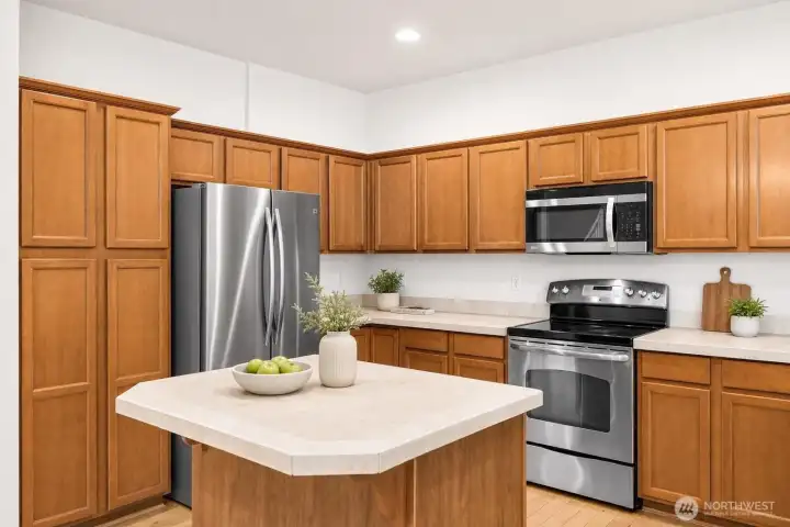 Ceramic tile counters and stainless steel appliances. Ceramic tile counters and stainless steel appliances.