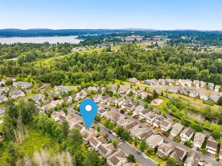 Aerial view marking the home's location within the community. Aerial view marking the home's location within the community.