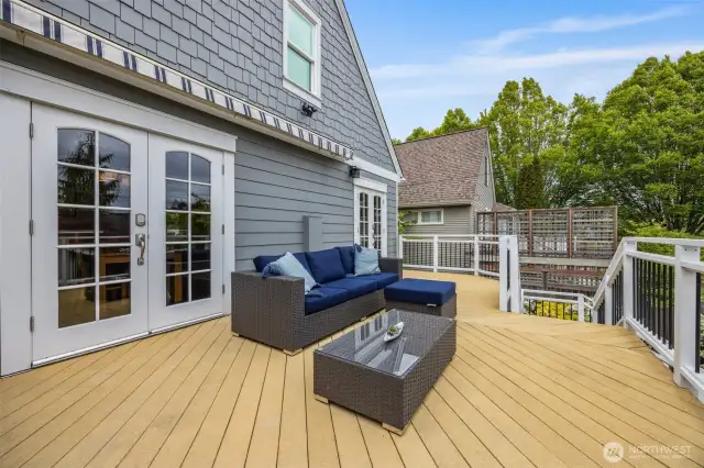Deck with remote controlled awning that extends full length of desk