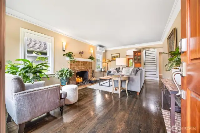 Living room with wood burning fireplace