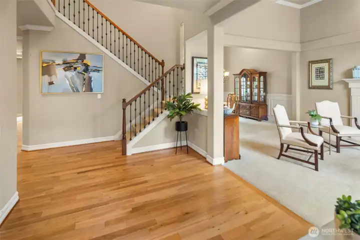 The grand foyer with hardwood floors, and the dramatic high ceilings over the front living room & dining room.  Nice custom staircase railings.