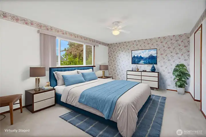 Virtually staged to show possibilities. Primary bedroom.