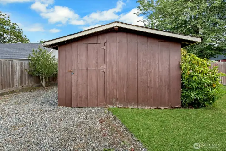 Storage shed in backyard.
