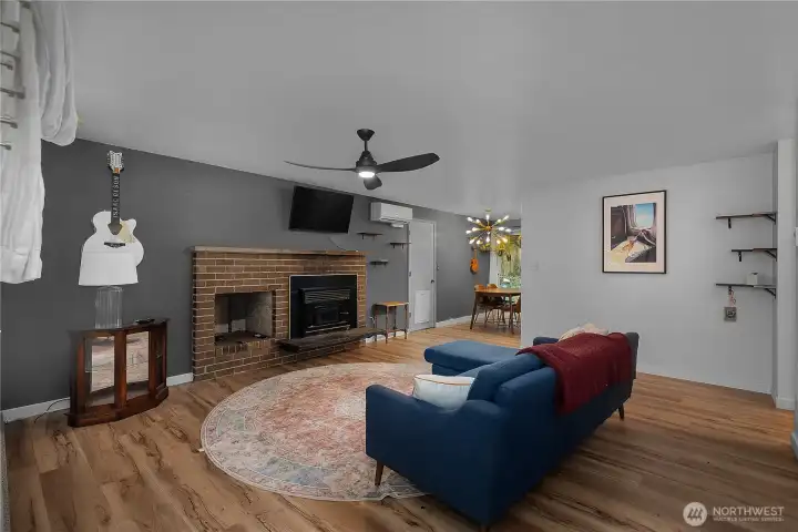 Great Room, newer fan.  Nice wood burning insert in the FP.