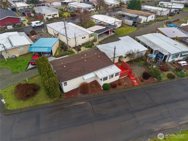 An aerial view showing the corner lot.