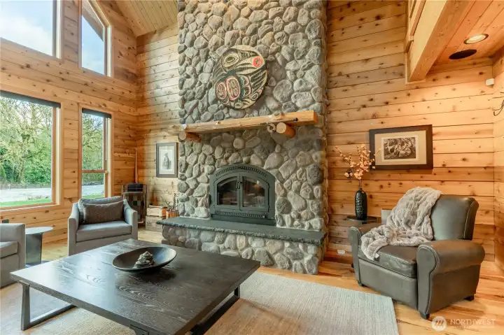 Wood burning fireplace with custom mantle.