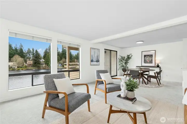 Open great room - awesome lake views, new carpet, paint, and lighting!