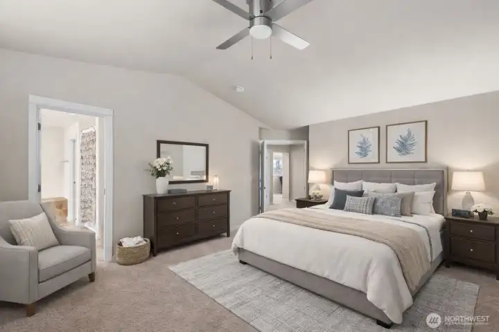 Very spacious primary bedroom virtually staged.