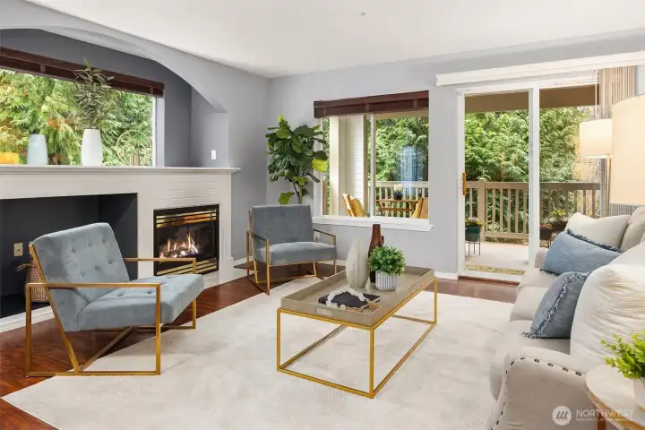 Expansive Family Room Featuring a Cozy Gas Fireplace Surrounded by Nature - Private, Serene & Quiet w Walkout to Covered Deck