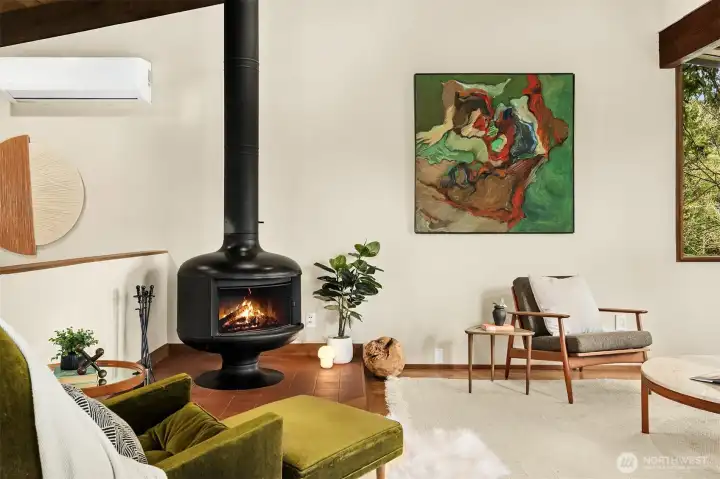 A new mini-split in the stairwell delivers A/C on hotter days, and supplemental warmth if the fireplace isn't roaring.