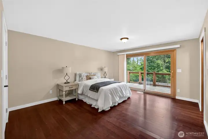 Huge primary suite with 2 closets, including 1 walk in closet, slider to expansive deck overlooking the greenbelt and ensuite bath