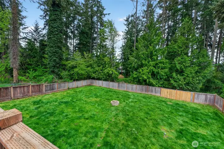 Fully fenced backyard with firepit