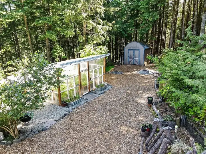 Greenhouse, Garden Areas, Fire Pit, Storage Shed