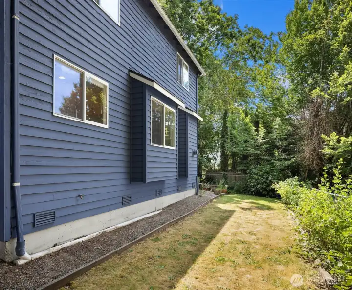 Nice flat yard lined with berry bushes