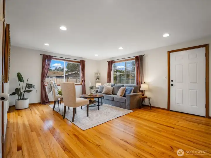 The large windows let in a lot of natural light.