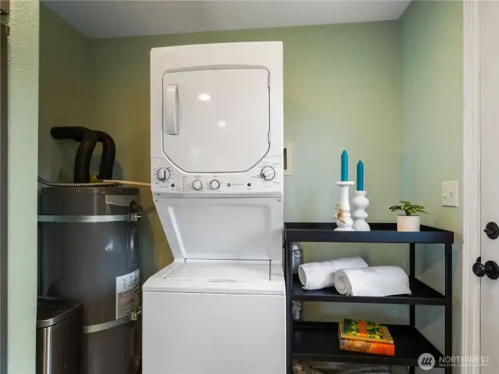 An efficient stacked washer/dryer unit saves space and gets the job done.