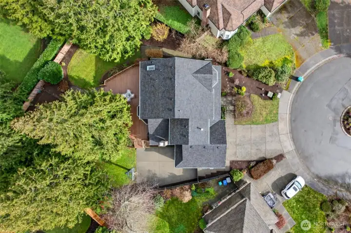 An aerial view highlights the rare combination of a large lot, cul de sac placement, and deep evergreen buffer for privacy. The oversized deck, patio, and sport court layout shows how thoughtfully the outdoor spaces are designed for real life use.