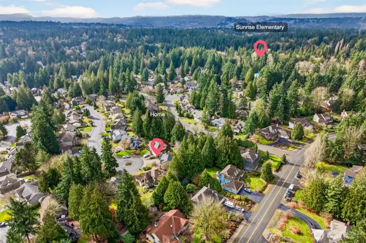 A wide area view showcases the home’s location within English Hill and its proximity to Sunrise Elementary. The setting blends convenience with a green, residential backdrop that makes daily routines feel easier and more connected.