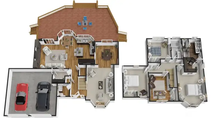 The 3D plan illustrates the easy flow from the refreshed kitchen and gathering spaces to the outdoor living areas, making entertaining intuitive. Upstairs, the four bedroom configuration provides flexibility for guests, office space, and daily living, anchored by a strong primary suite.