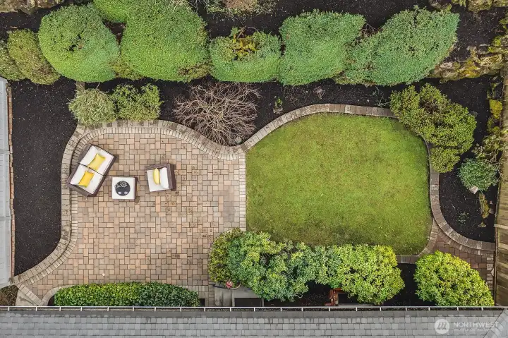 Overhead view of the patio and yard