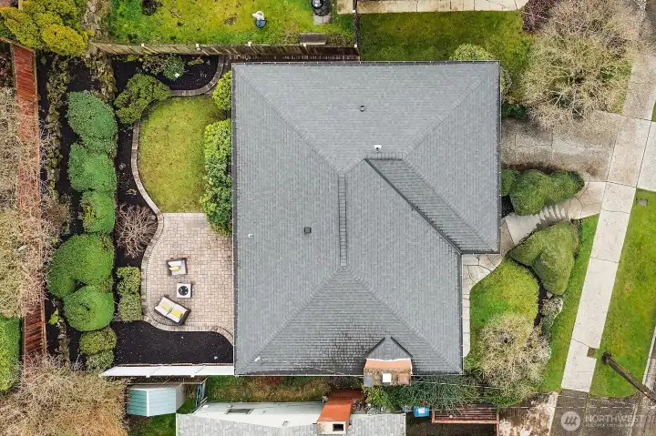 Overhead view of the house and yard