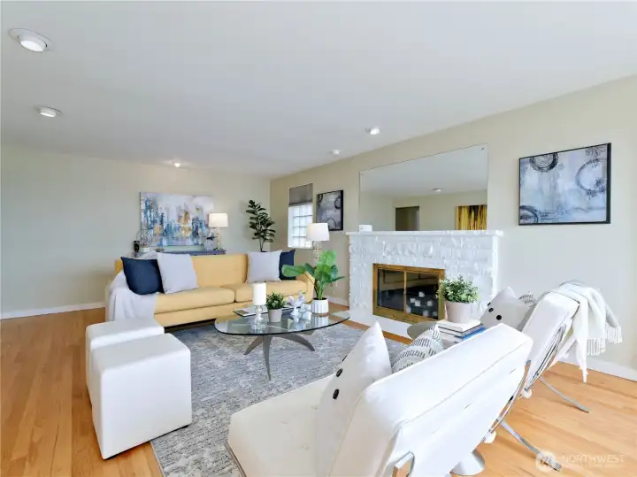 Cozy wood burning fireplace.