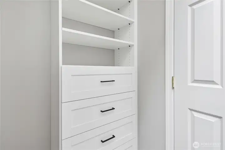 and organization shelving and drawers below.