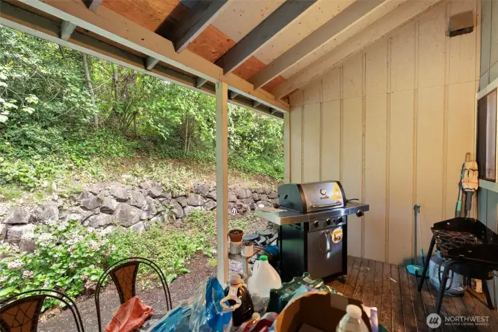 Covered backyard deck.