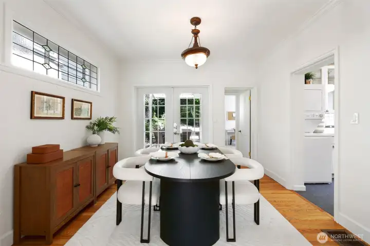 Dining room with French doors leading to the patio and back yard